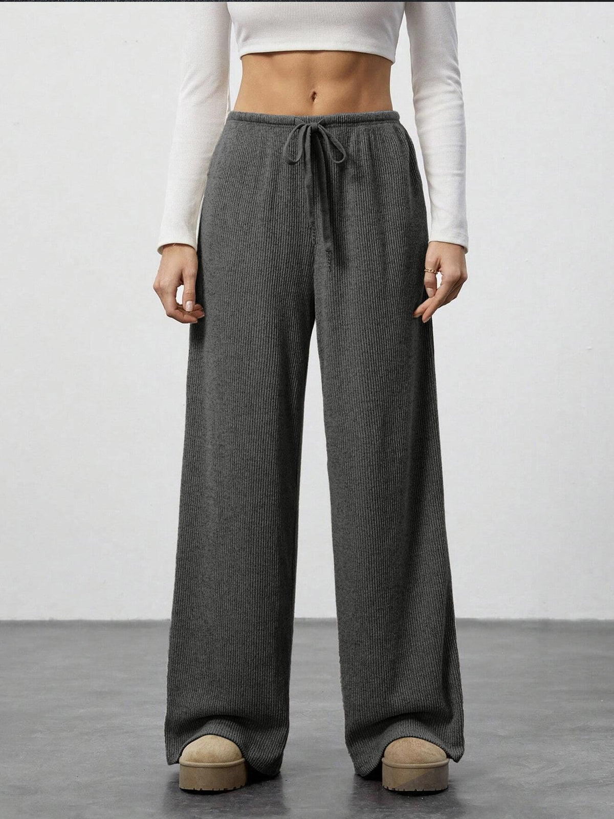 Brushed Knit Wide Leg Lounge Pants - Grey