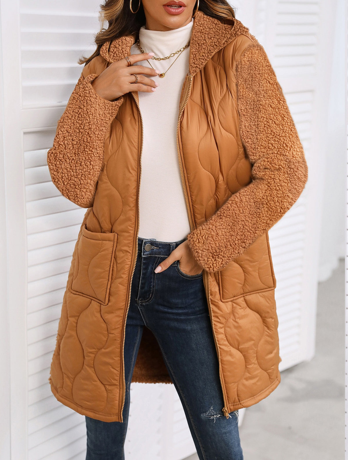 Quilted Teddy Fleece Hooded Longline Coat - Camel