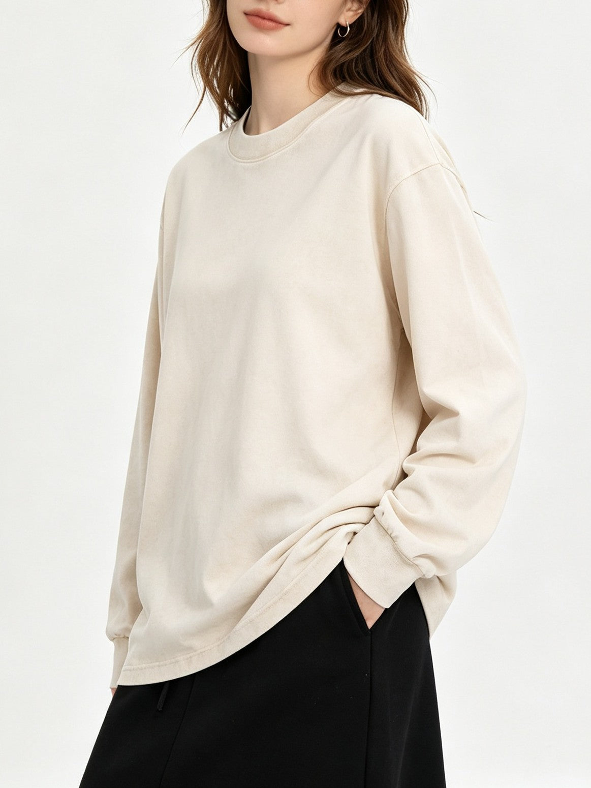 Oversized Vintage Wash Long Sleeve Crew Neck Tee - Apricot