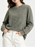 Oversized Vintage Wash Long Sleeve Crew Neck Tee - Army_Green