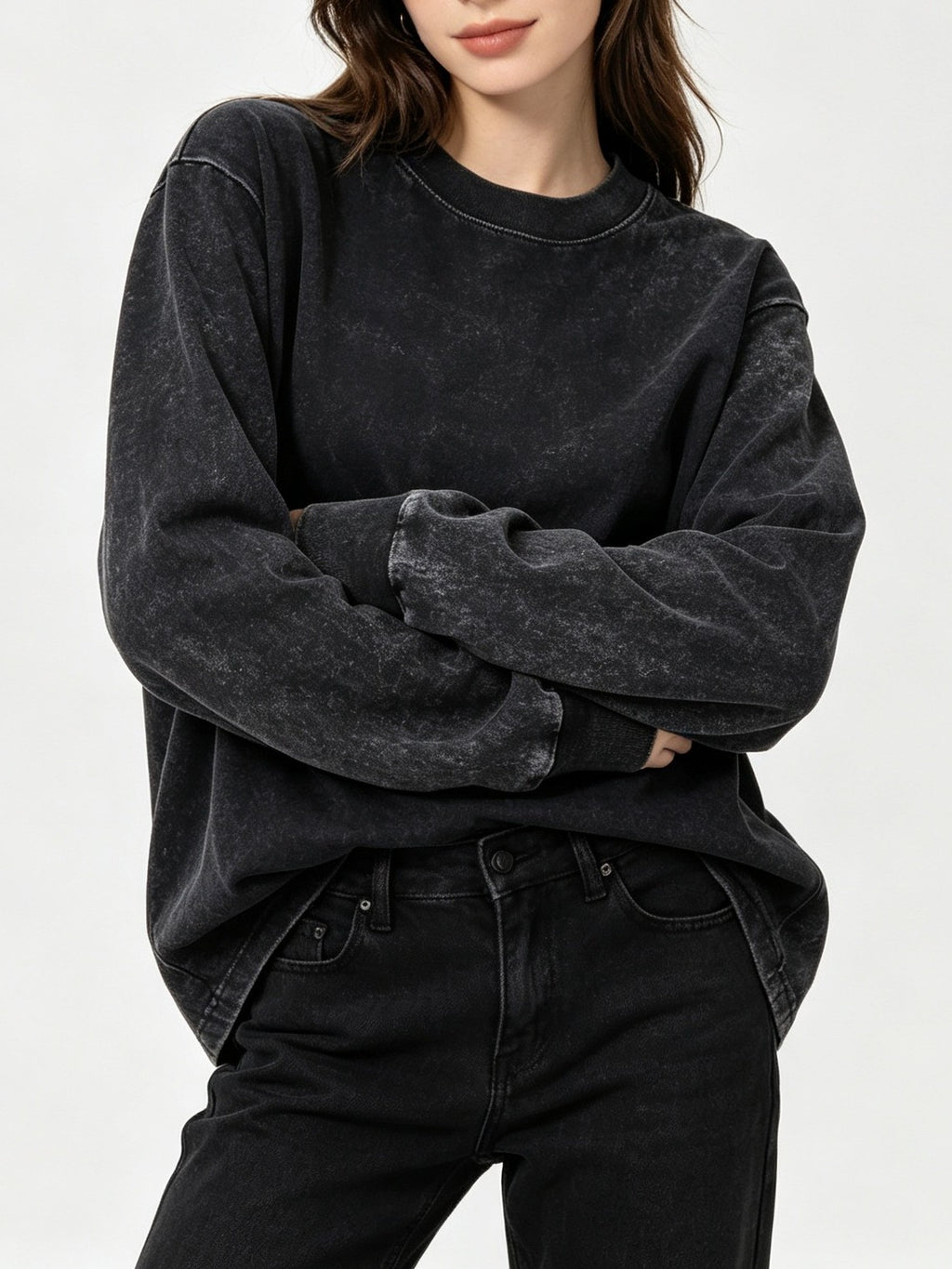 Oversized Vintage Wash Long Sleeve Crew Neck Tee - Dark_Grey