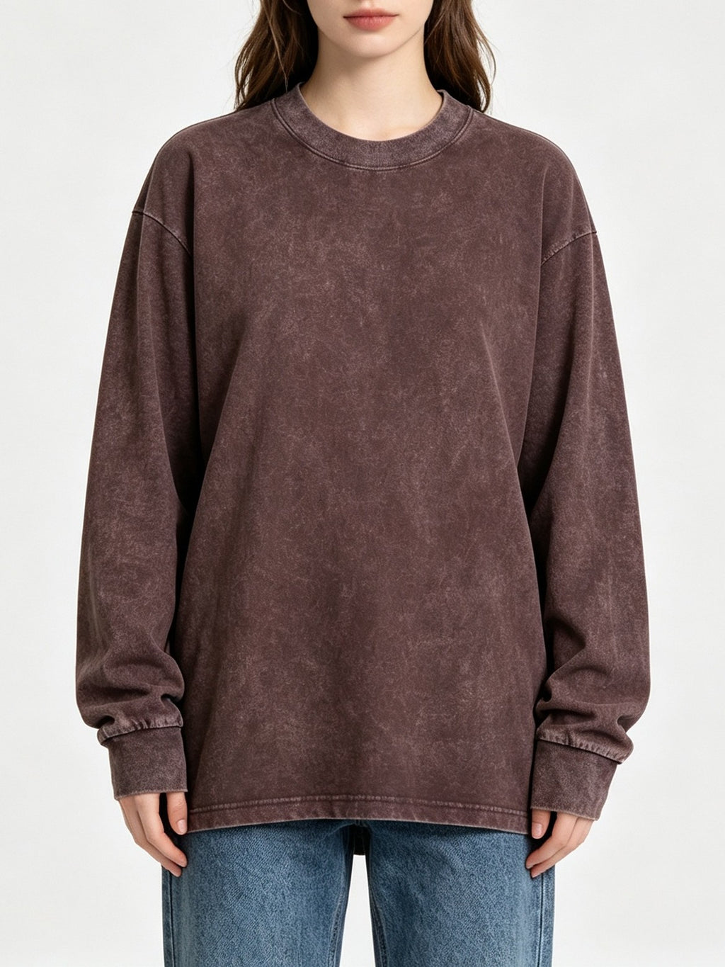 Oversized Vintage Wash Long Sleeve Crew Neck Tee - Dark_Red