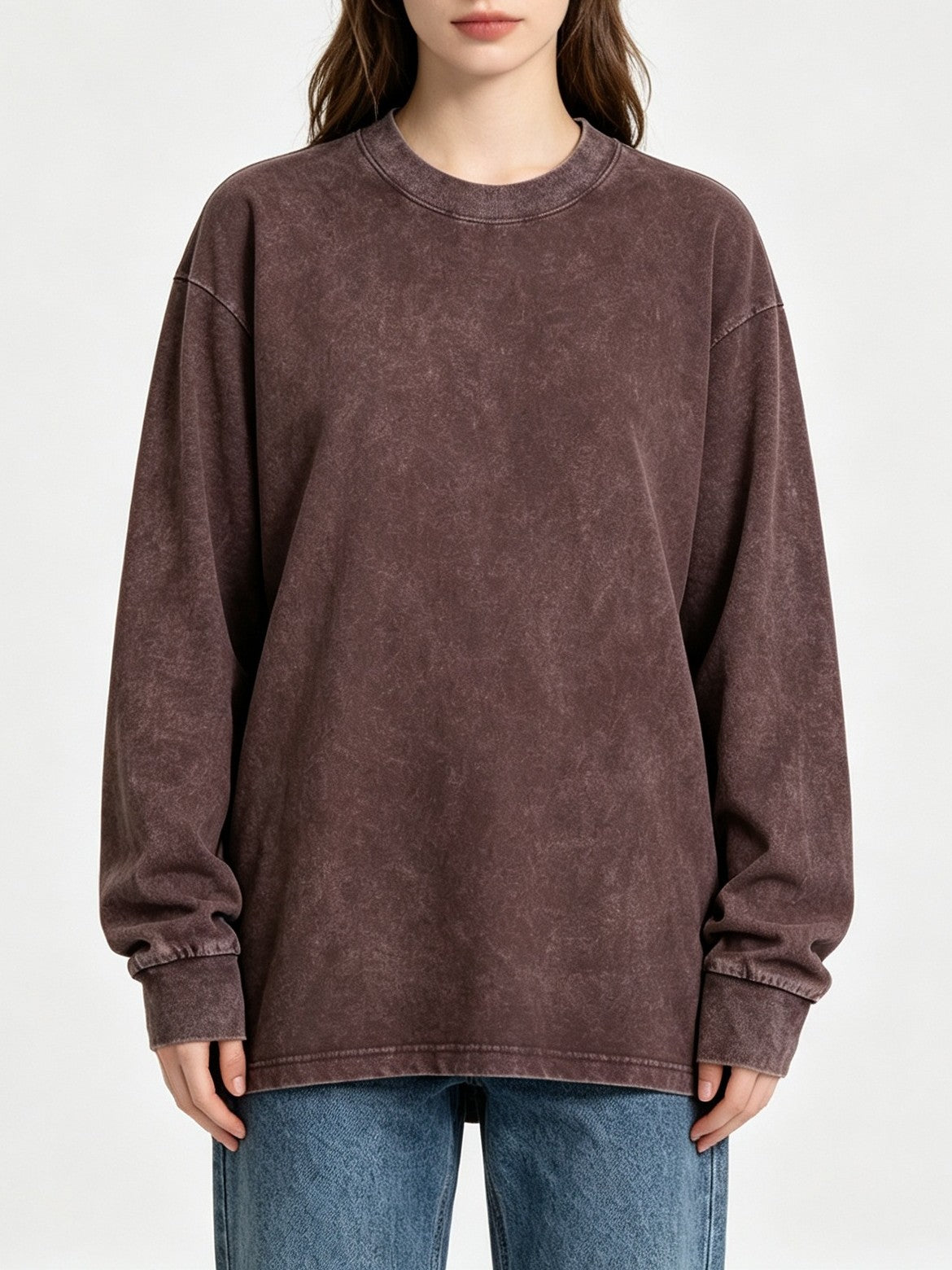Oversized Vintage Wash Long Sleeve Crew Neck Tee - Dark_Red