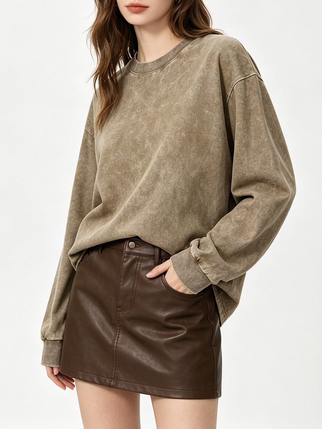Oversized Vintage Wash Long Sleeve Crew Neck Tee - Olive_Green