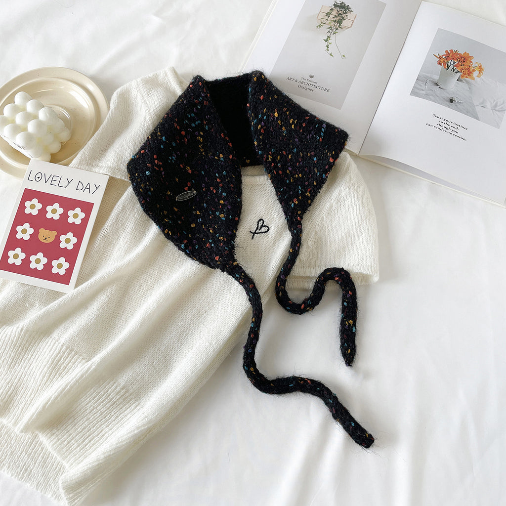 Speckled Knit Tie-Up Ear Warmer Kerchief - Black