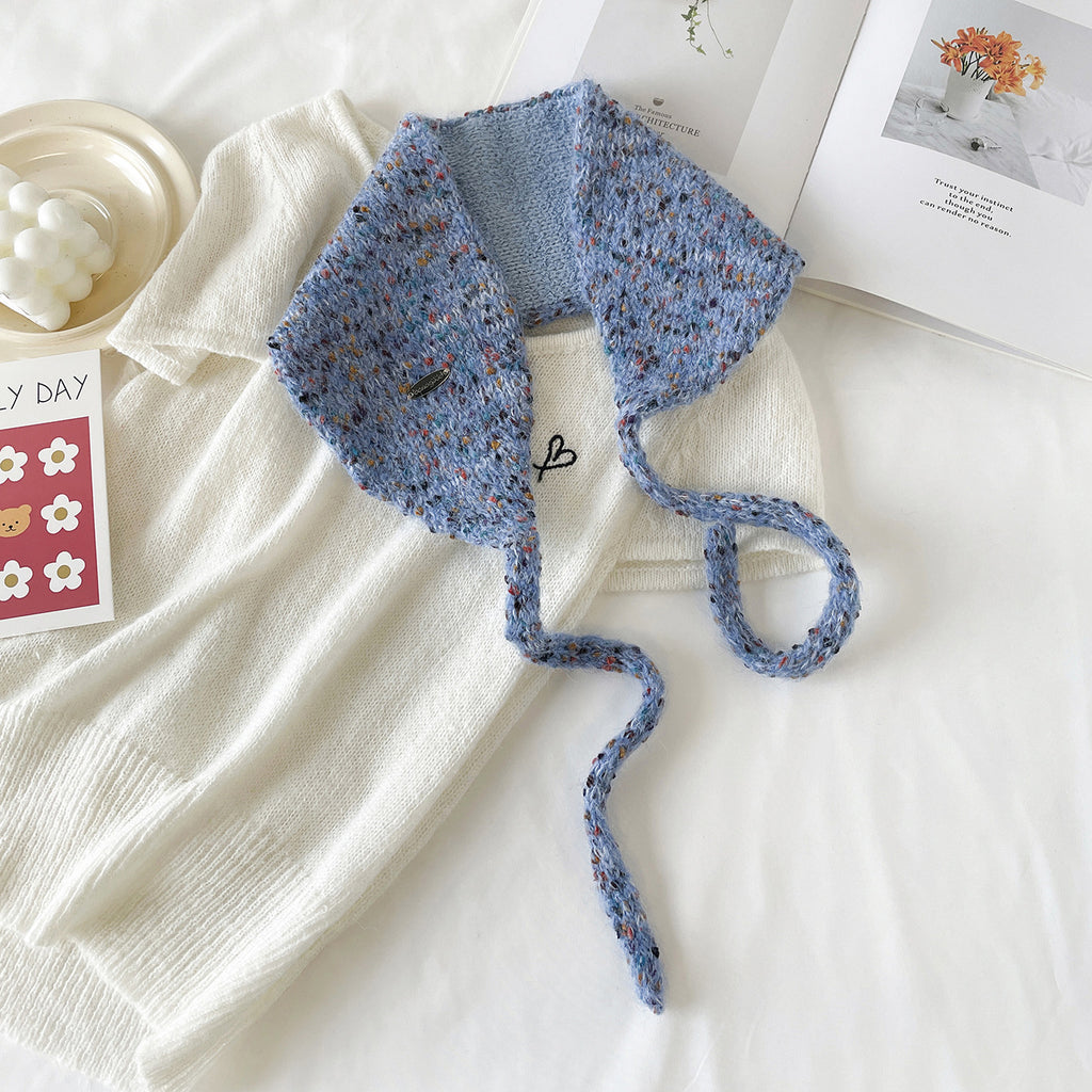 Speckled Knit Tie-Up Ear Warmer Kerchief - Blue