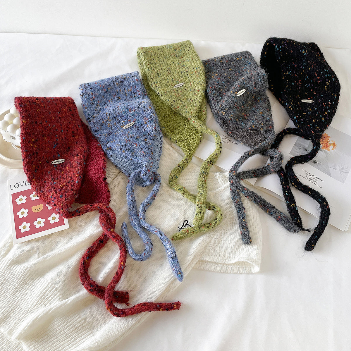 Speckled Knit Tie-Up Ear Warmer Kerchief - Green - 1