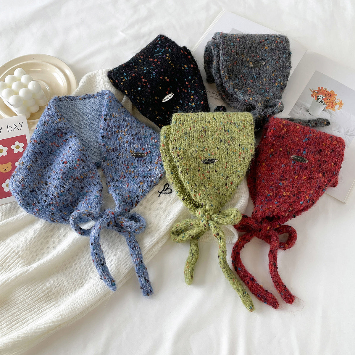 Speckled Knit Tie-Up Ear Warmer Kerchief - Green - 2
