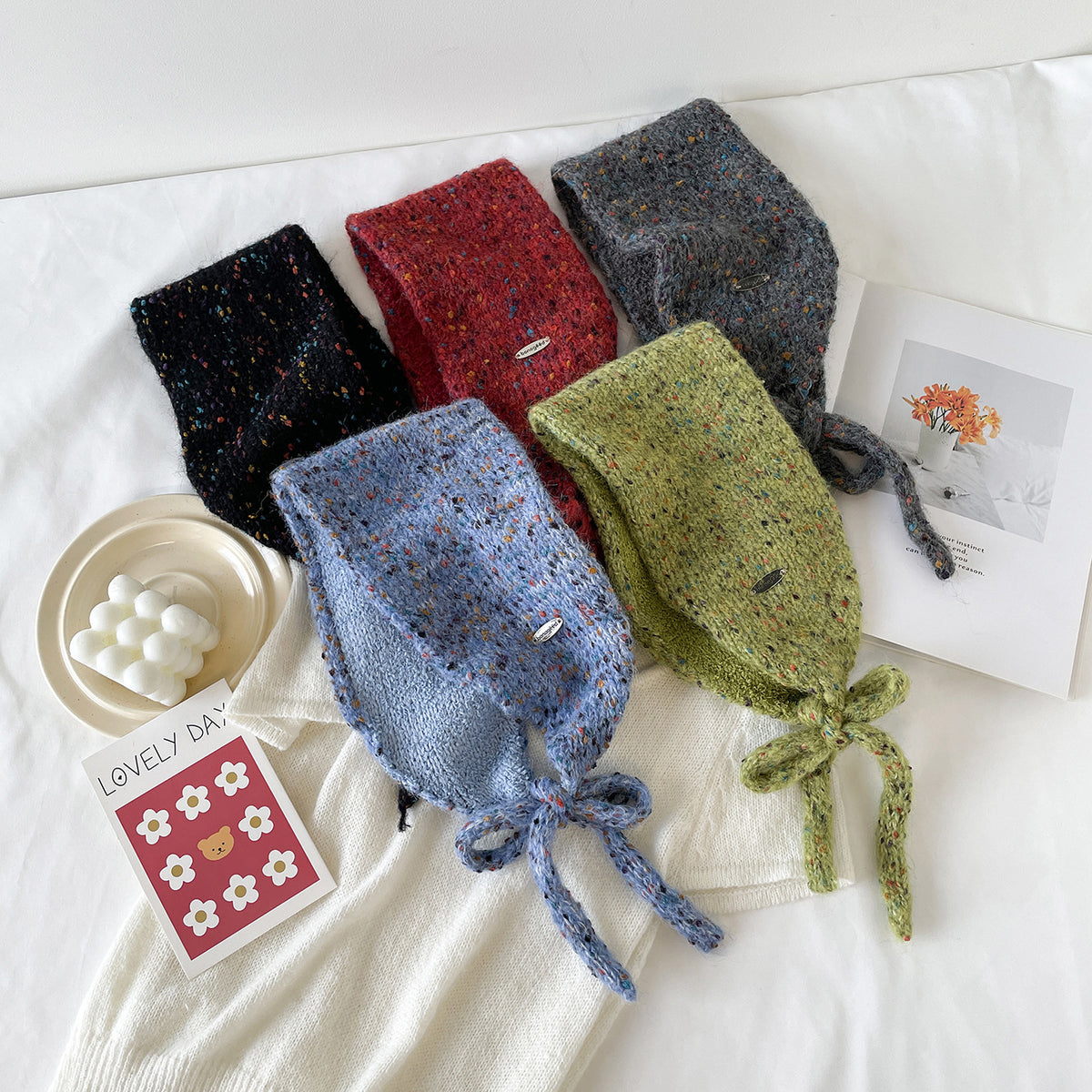 Speckled Knit Tie-Up Ear Warmer Kerchief - Green - 3