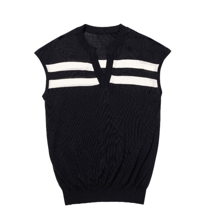 Deep V Neck Striped Knit Top - Black