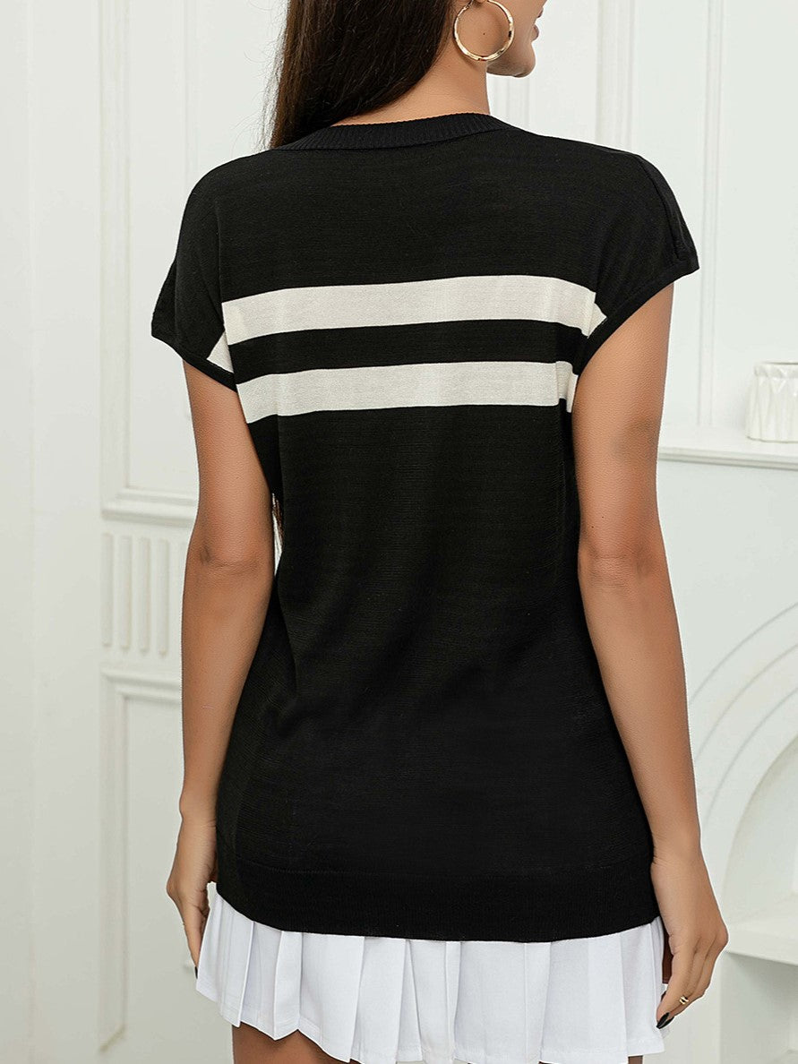 Deep V Neck Striped Knit Top - Black - 2