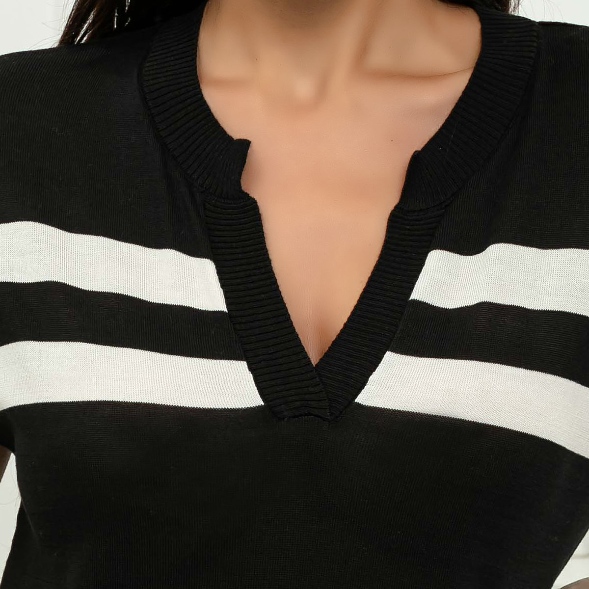 Deep V Neck Striped Knit Top - Black - 3