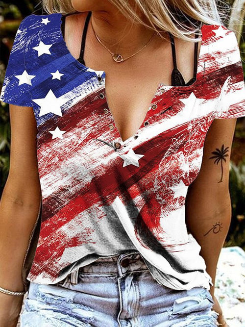 Americana Flag Print V Neck Tee - Red