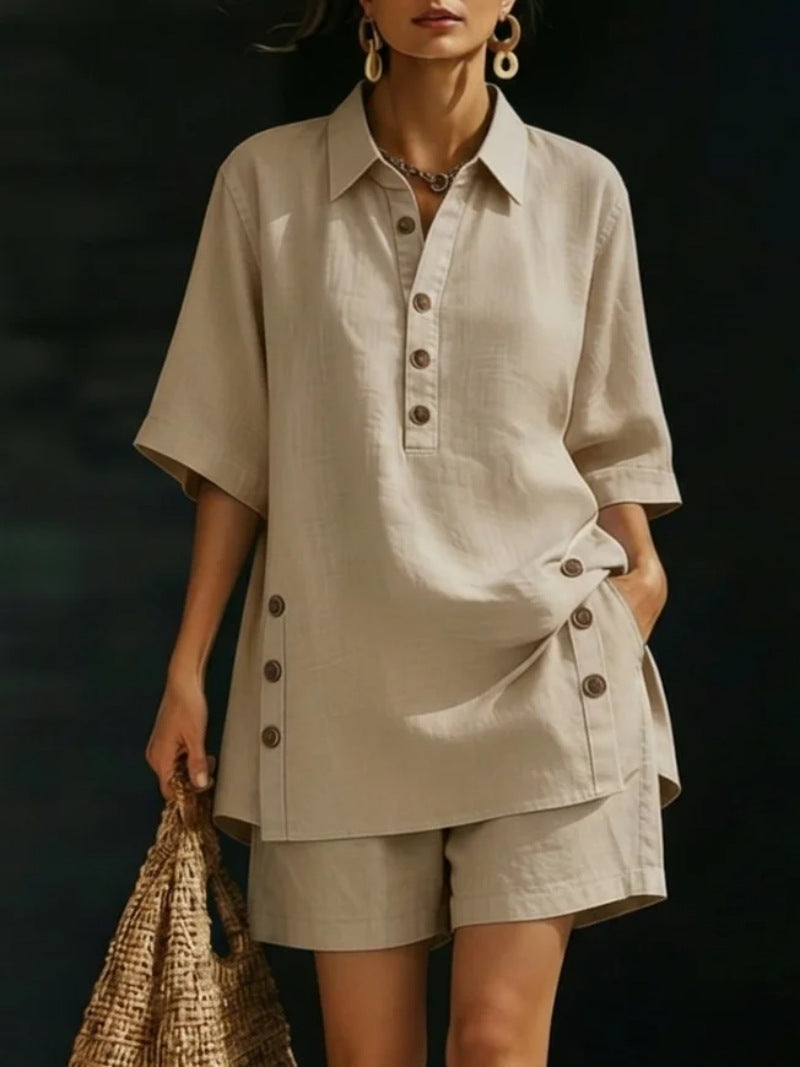 Half Placket Shirt And Shorts Lounge Set - Apricot