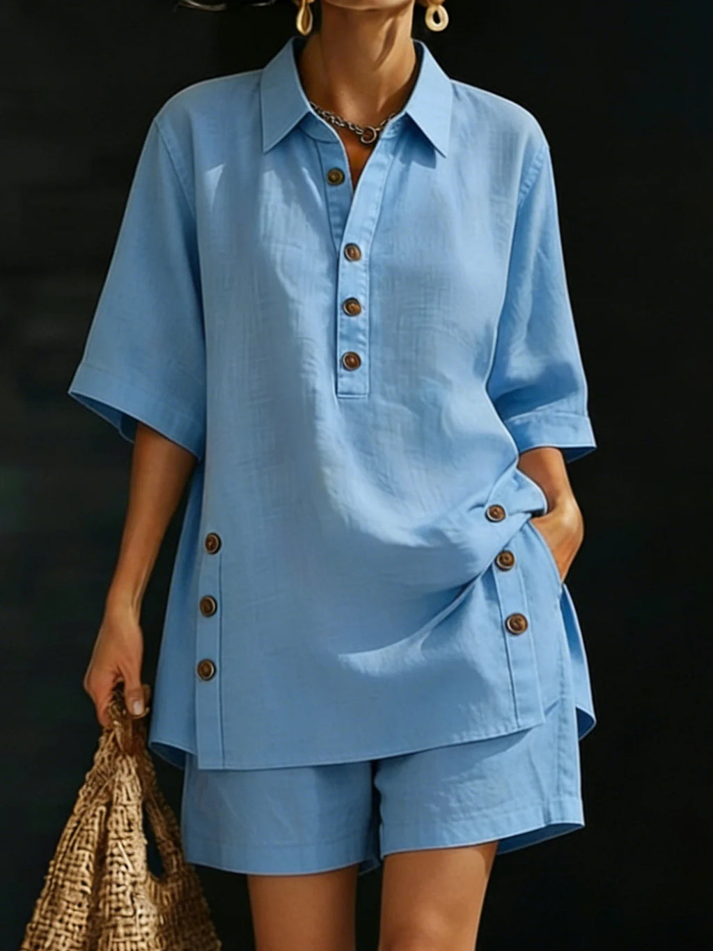 Half Placket Shirt And Shorts Lounge Set - Blue