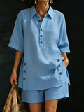 Half Placket Shirt And Shorts Lounge Set - Blue