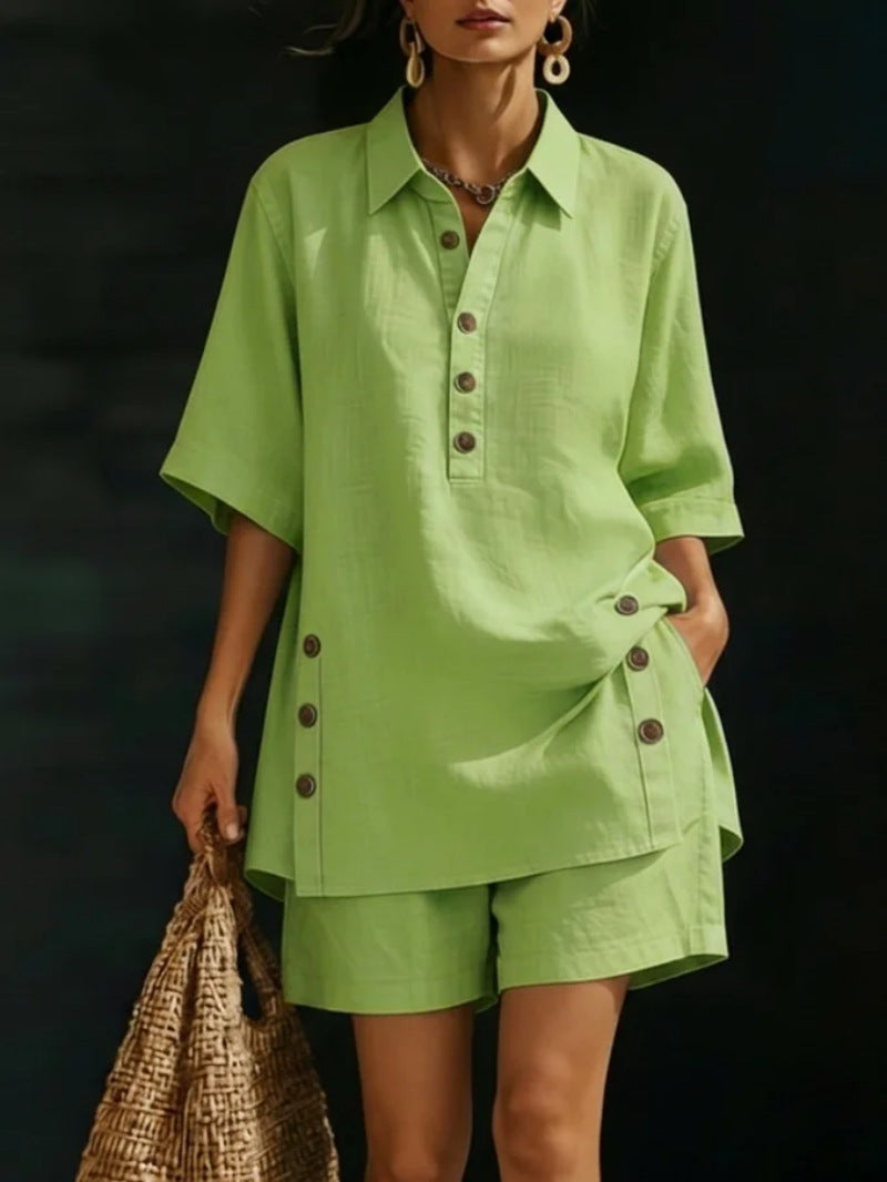 Half Placket Shirt And Shorts Lounge Set - Green