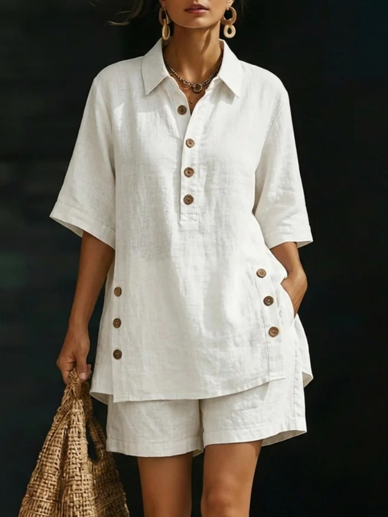 Half Placket Shirt And Shorts Lounge Set - White