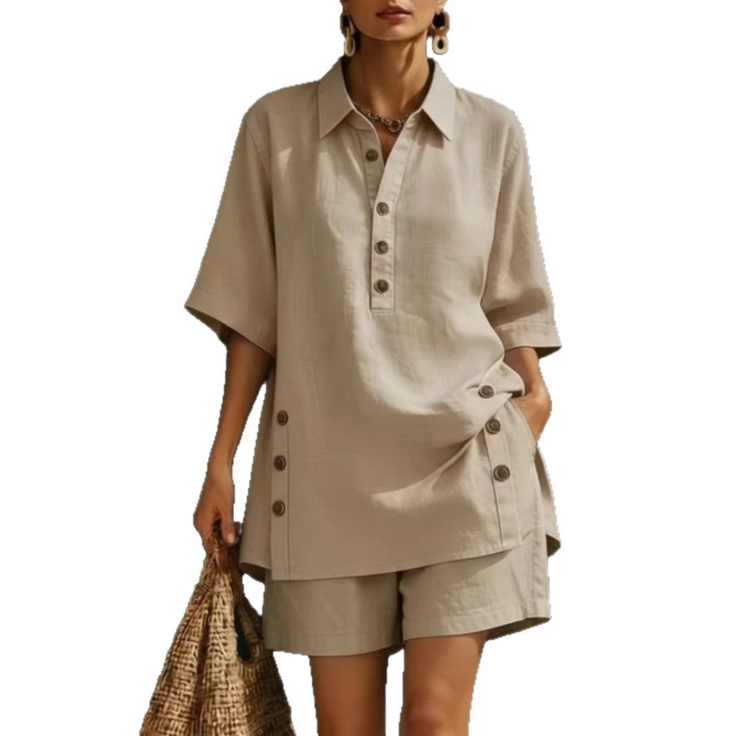 Half Placket Shirt And Shorts Lounge Set