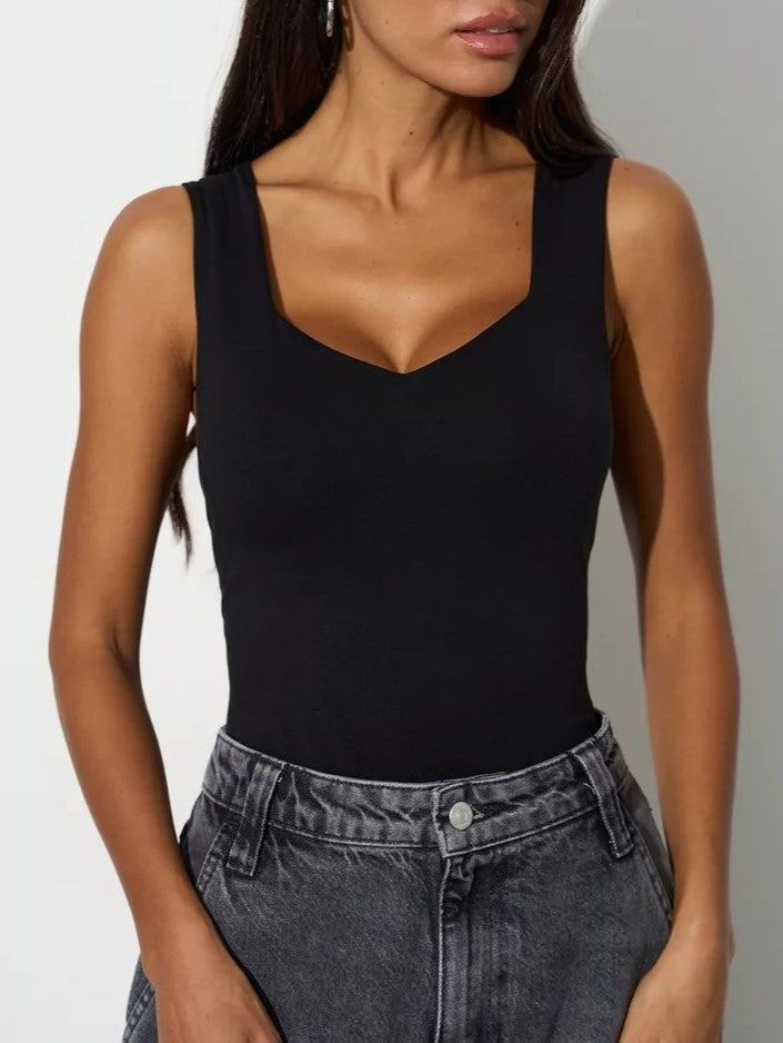 Sweetheart Neck Fitted Rib Tank Top - Black - 1