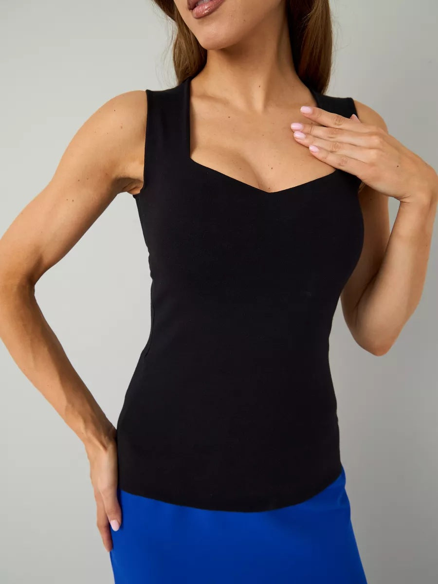 Sweetheart Neck Fitted Rib Tank Top - Black - 3