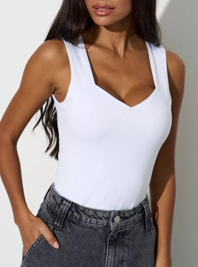 Sweetheart Neck Fitted Rib Tank Top - White - 2