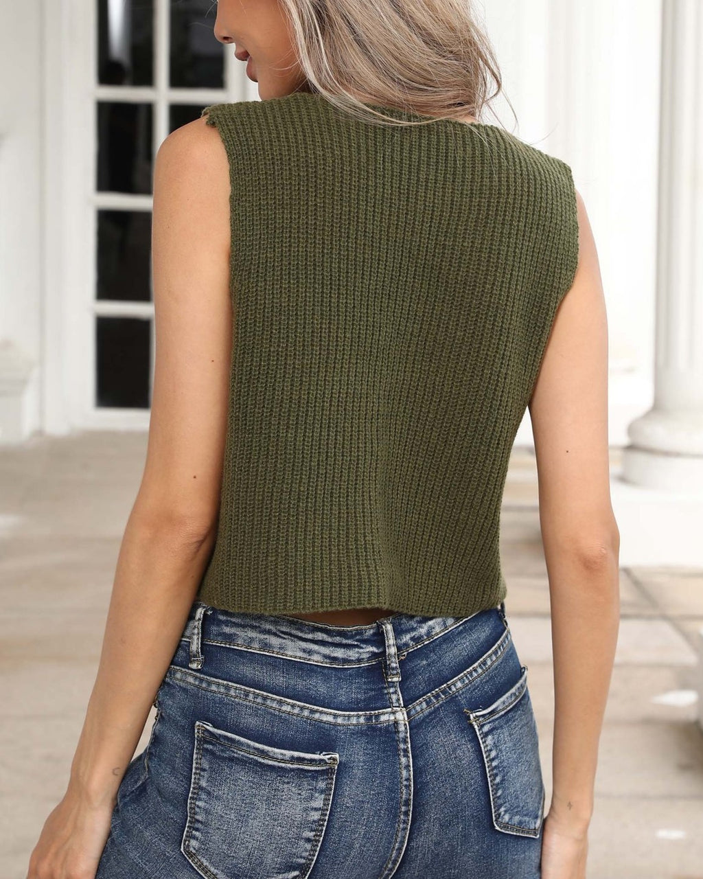 Ribbed Knit Tie Front Sleeveless Vest - Olive - 5