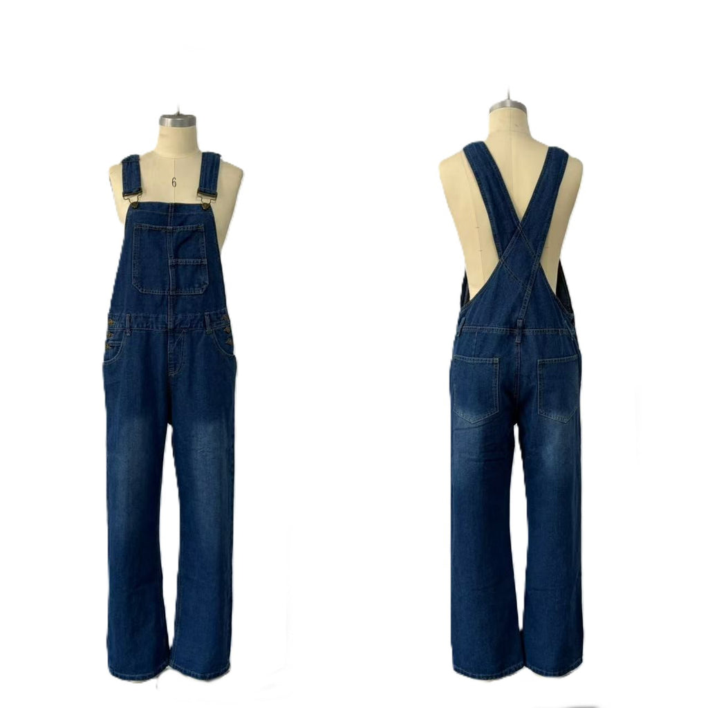 Crossback Wide Leg Denim Bib Overalls - DarkBlue