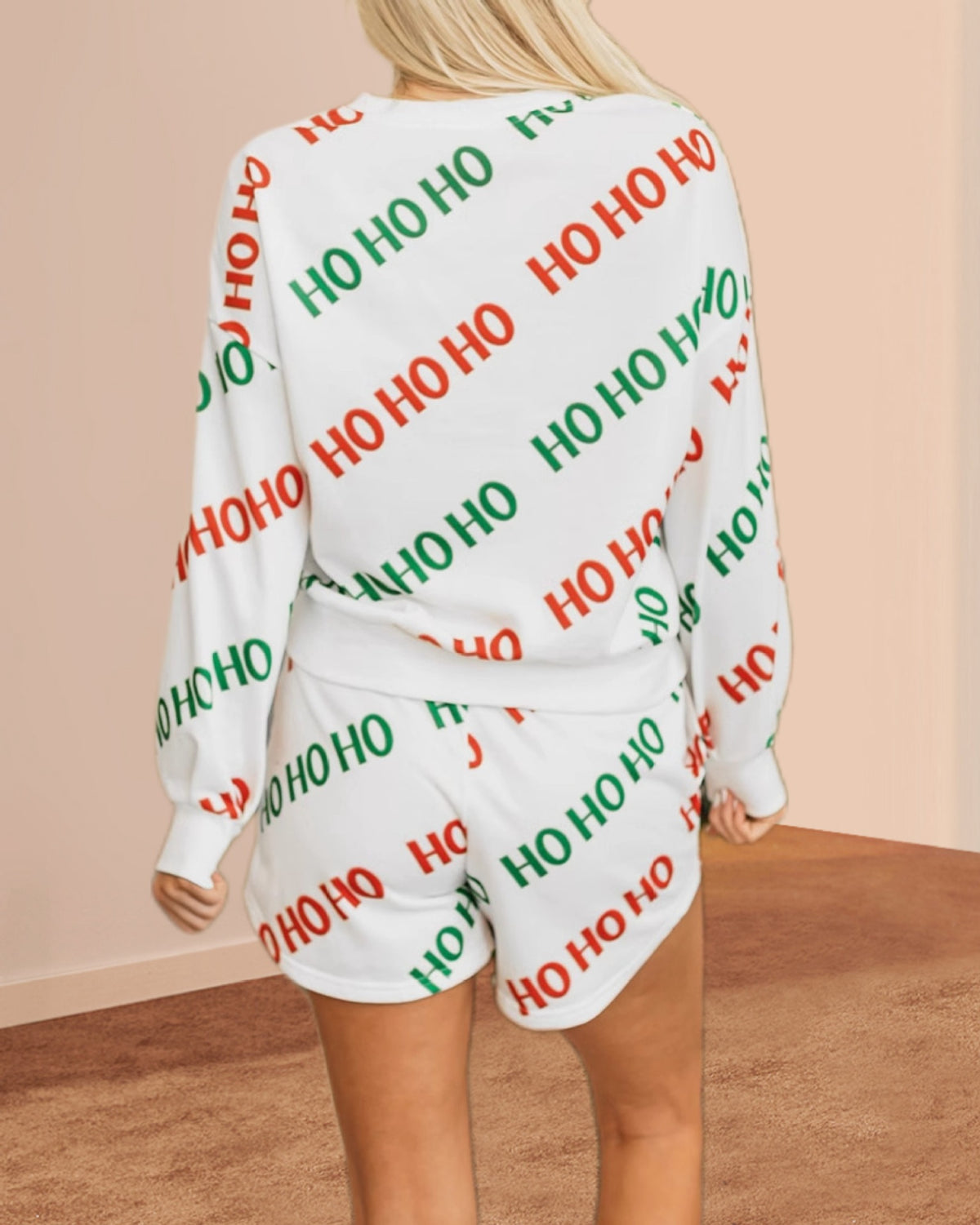 Festive Ho Ho Ho Print Top and Shorts Set - White - 2