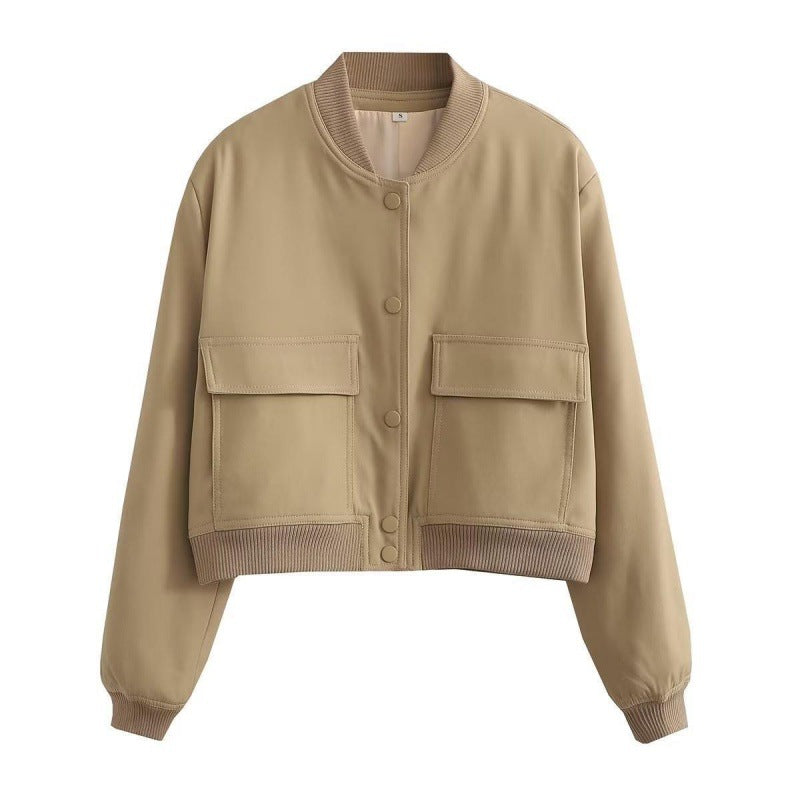 Snap Front Cropped Bomber Jacket With Pockets - Khaki