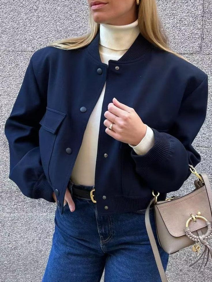 Snap Front Cropped Bomber Jacket With Pockets - Navy