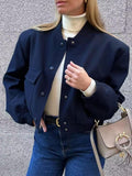 Snap Front Cropped Bomber Jacket With Pockets - Navy