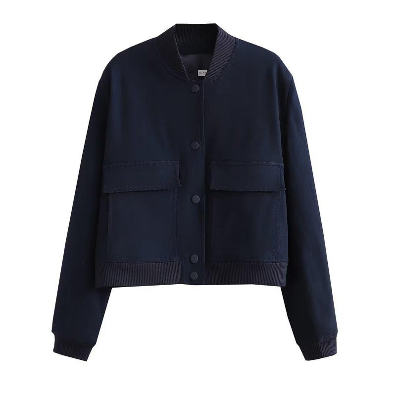 Snap Front Cropped Bomber Jacket With Pockets - Navy - 1