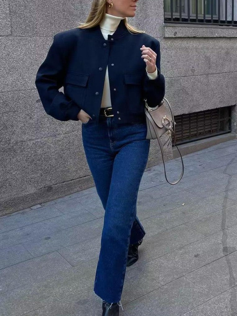 Snap Front Cropped Bomber Jacket With Pockets - Navy - 2