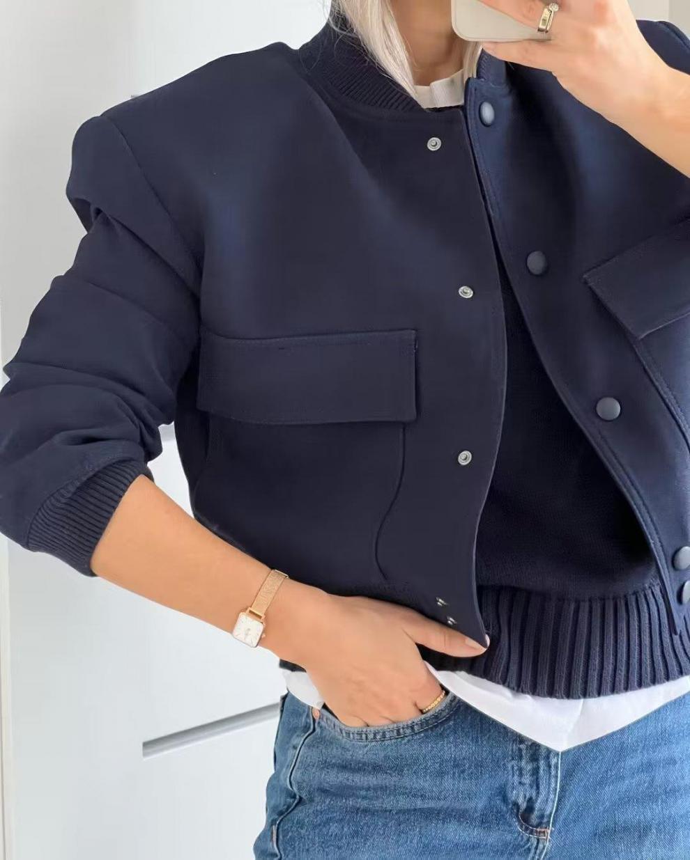 Snap Front Cropped Bomber Jacket With Pockets - Navy - 3