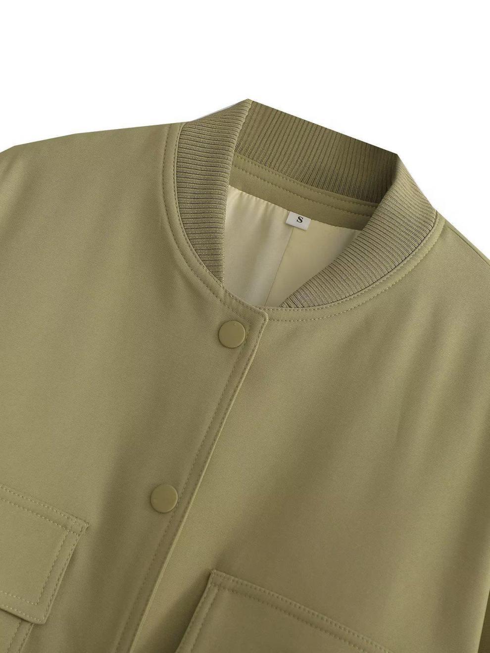 Snap Front Cropped Bomber Jacket With Pockets - Olive - 1