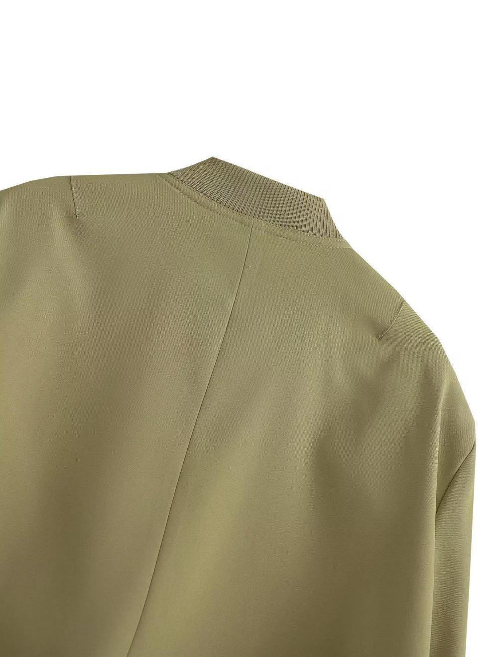 Snap Front Cropped Bomber Jacket With Pockets - Olive - 3