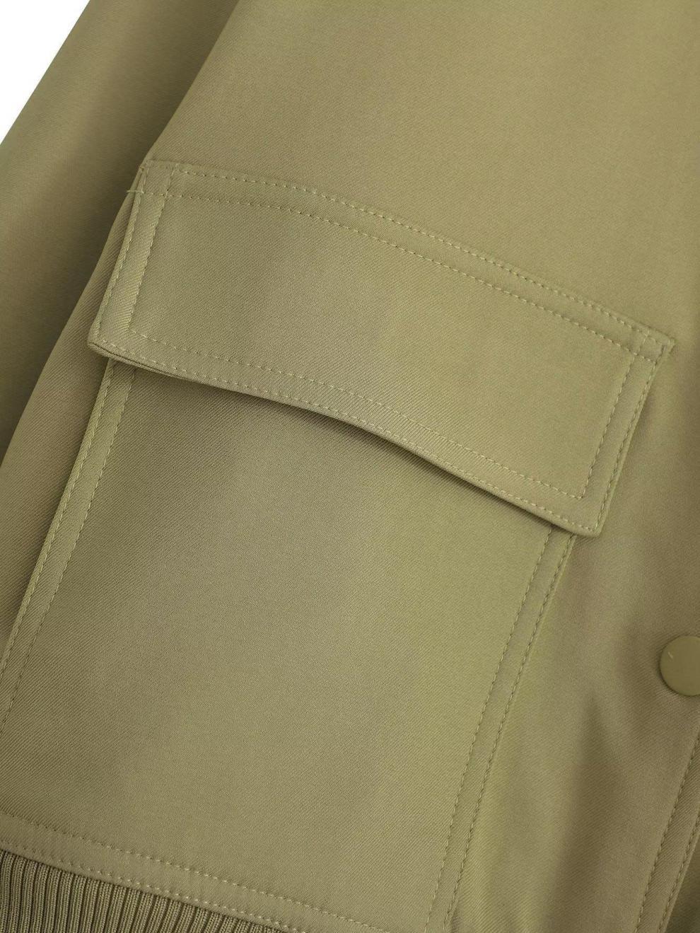 Snap Front Cropped Bomber Jacket With Pockets - Olive - 5