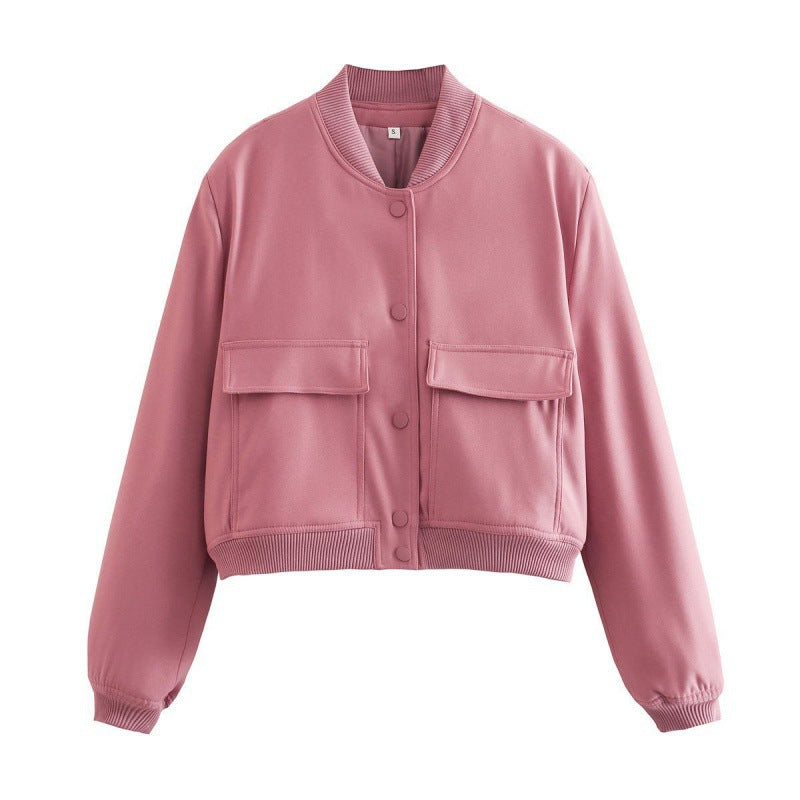 Snap Front Cropped Bomber Jacket With Pockets - Pink