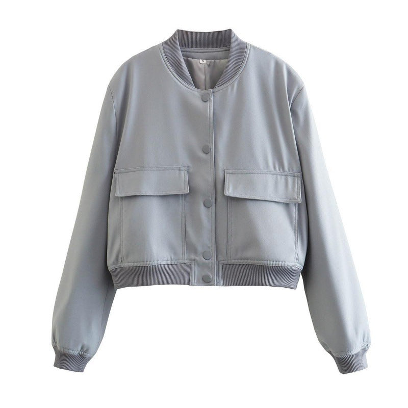 Snap Front Cropped Bomber Jacket With Pockets - ash