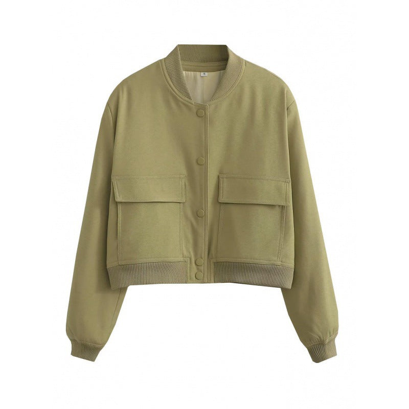 Snap Front Cropped Bomber Jacket With Pockets - moss