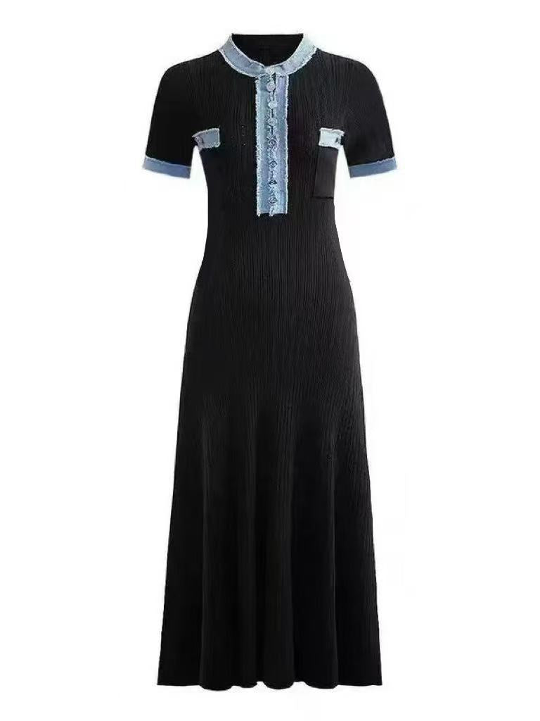 Denim Trim Ribbed Knit Maxi Dress - Black
