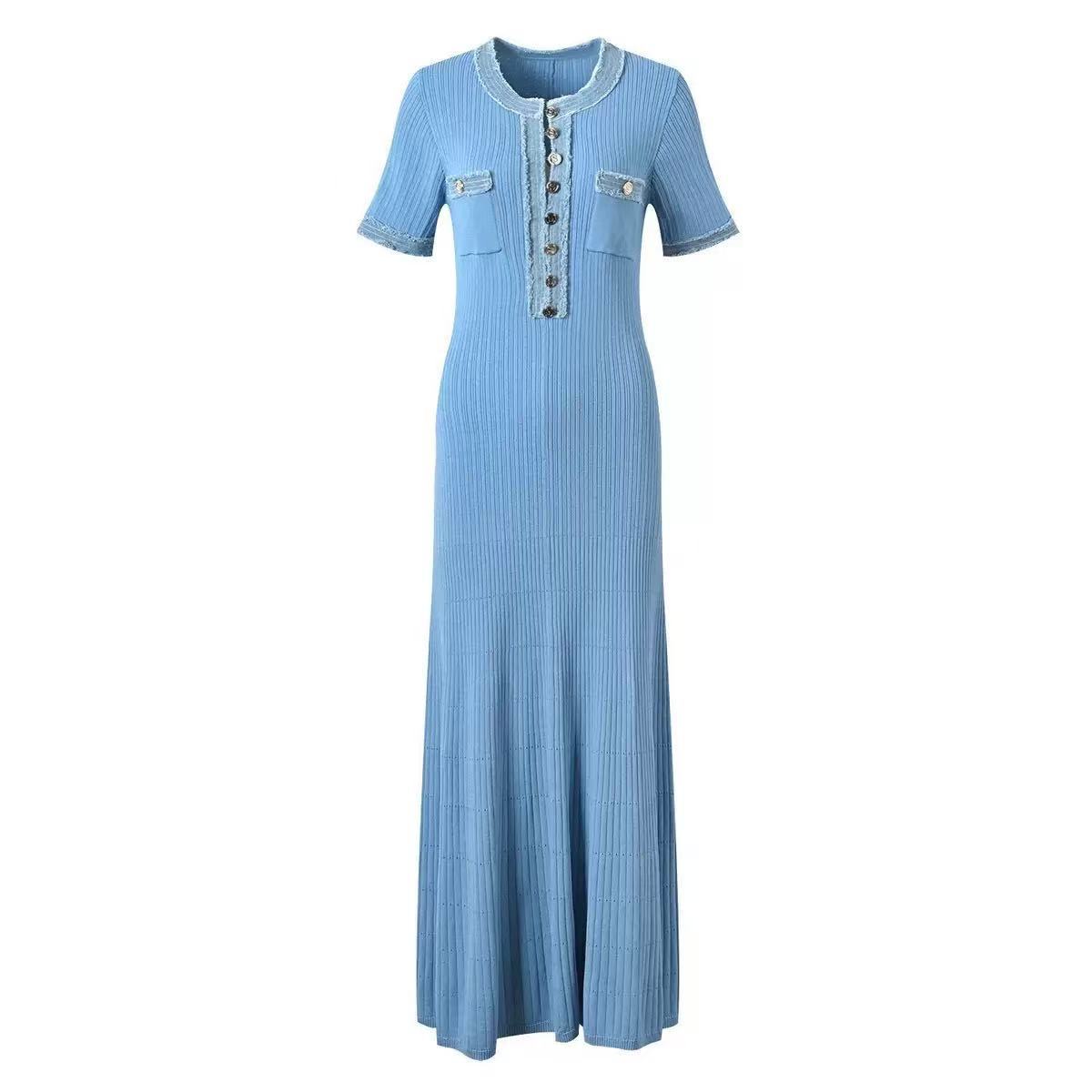 Denim Trim Ribbed Knit Maxi Dress - Blue