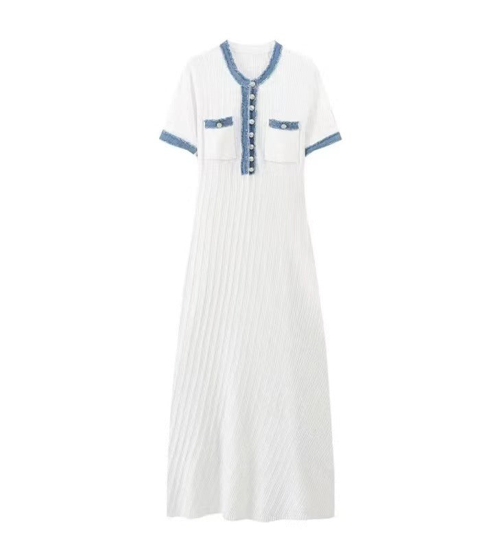 Denim Trim Ribbed Knit Maxi Dress - White