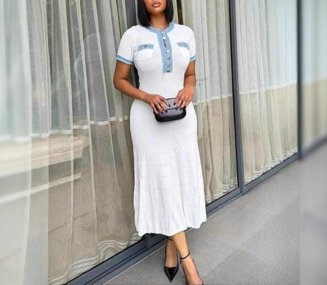 Denim Trim Ribbed Knit Maxi Dress