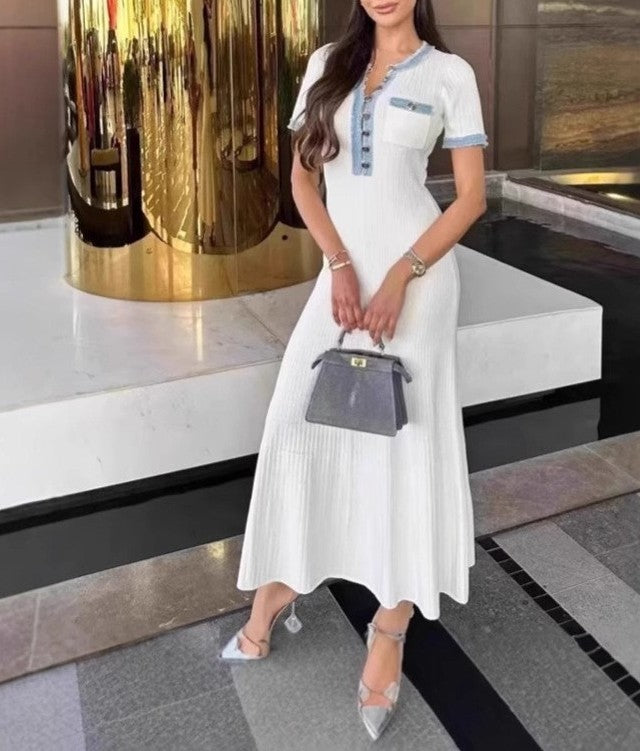 Denim Trim Ribbed Knit Maxi Dress - view 1