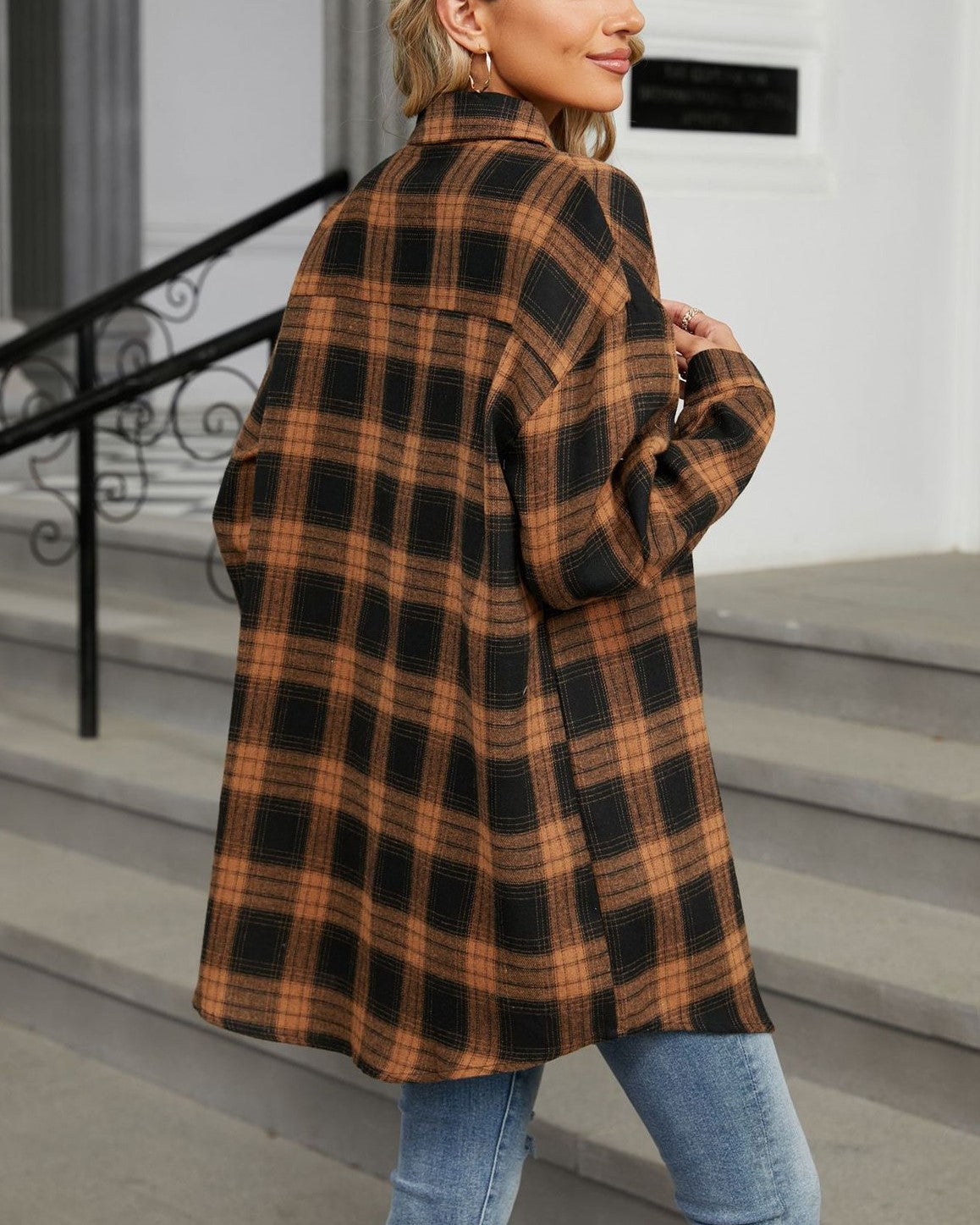 Vintage Check Longline Button Down Shirt - Brown - 1