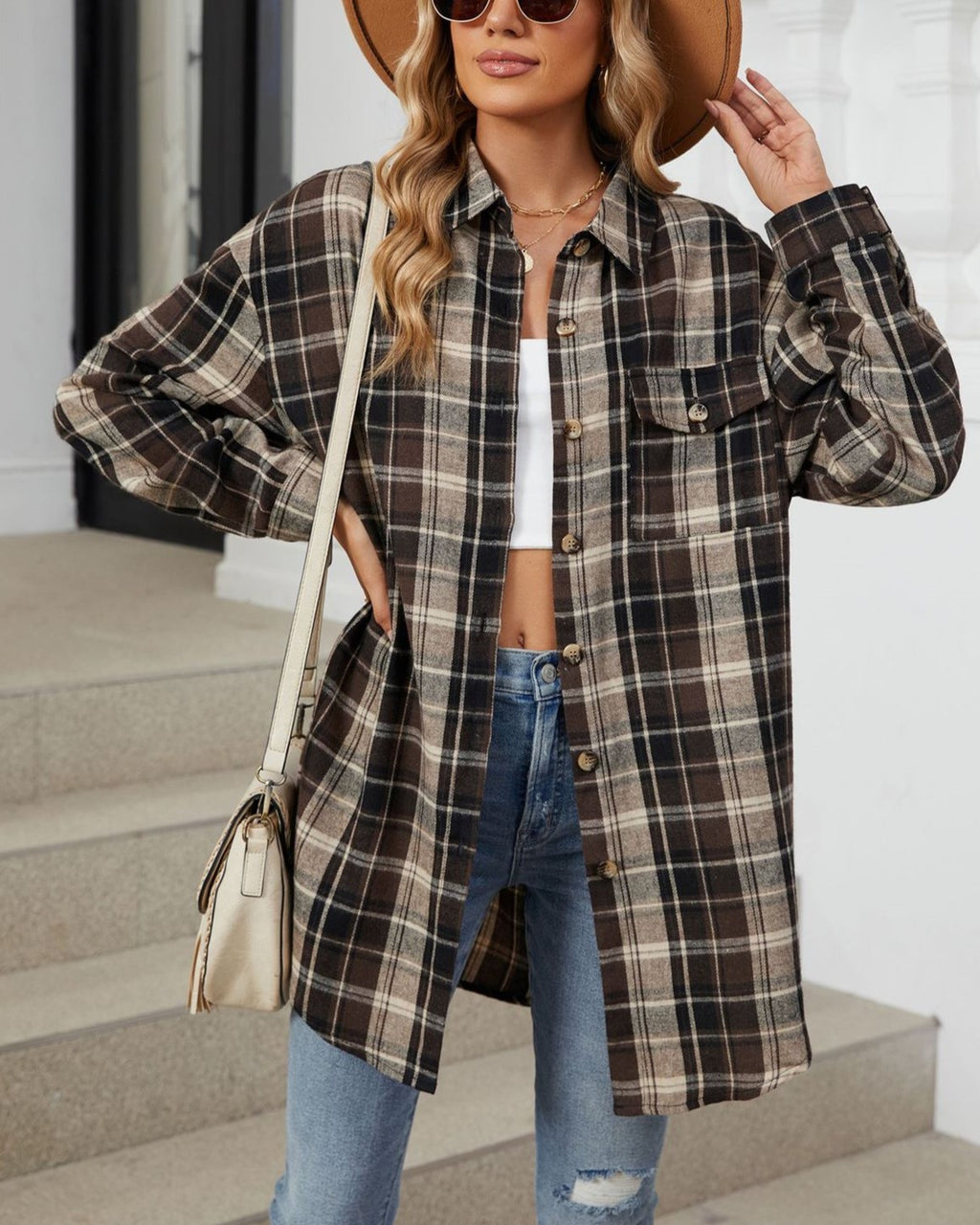 Vintage Check Longline Button Down Shirt - Coffee