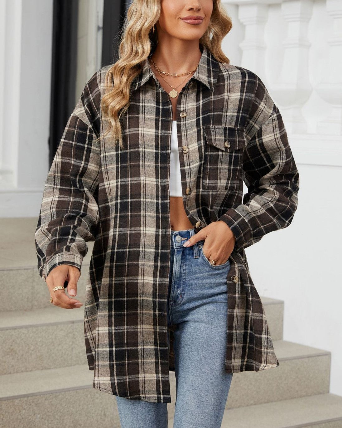 Vintage Check Longline Button Down Shirt - Coffee - 1
