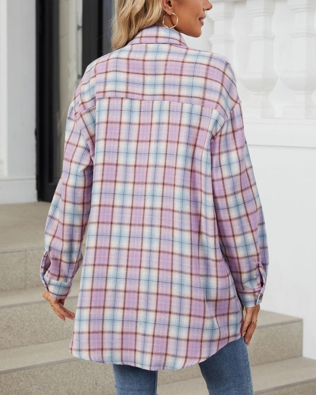 Vintage Check Longline Button Down Shirt - Pink - 1